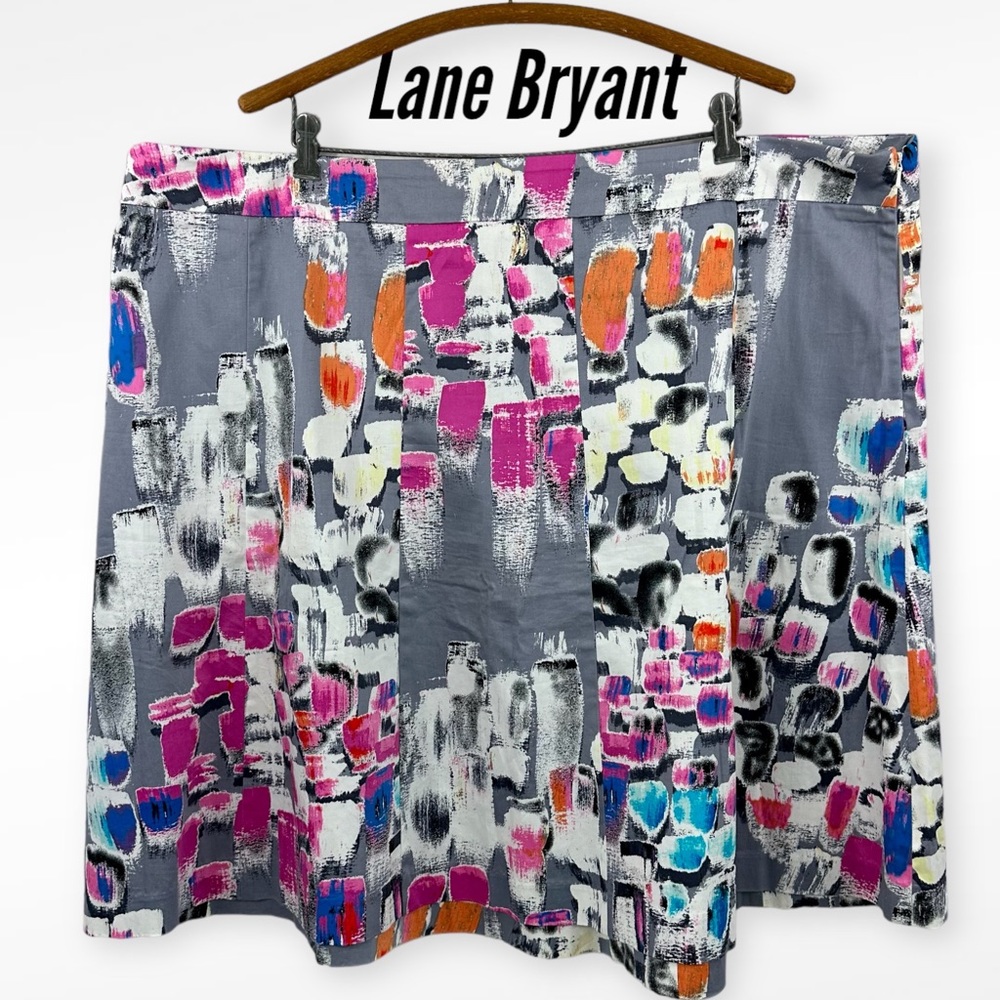 LANE BRYANT Fit n Flare Skirt Gray Pink Cotton Stretch Side Zip Plus Siz…